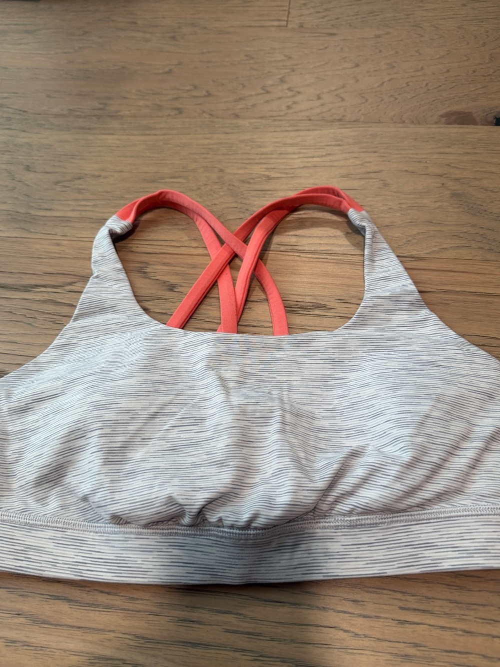 lululemon athletica Energy Light Gray Stripe Sports Bra with Coral Straps